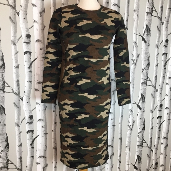 Zara Camouflage Waffle Knit Body-con Dress - Picture 1 of 5